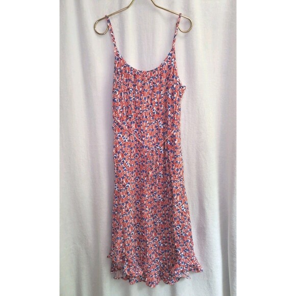 J. Crew Ruffle Midi Curved Hem Dress Red Blue Floral Strappy BI399 Size 14 - Picture 2 of 12